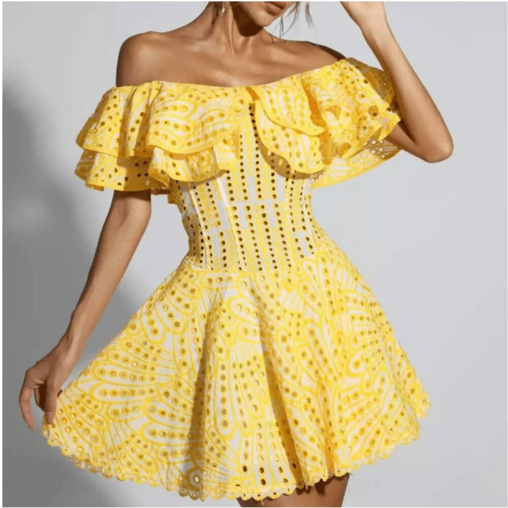 Ruffle Cutout Embroidery Yellow Dress